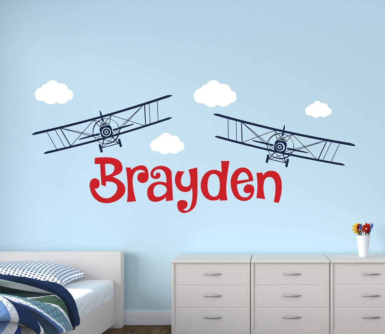 Personalized Name Wall Decal - Airplanes Wall Decal - Boys Room Decor - Nursery Wall Decal - Kids Vinyl Wall Decal (40"W x 16"H)
