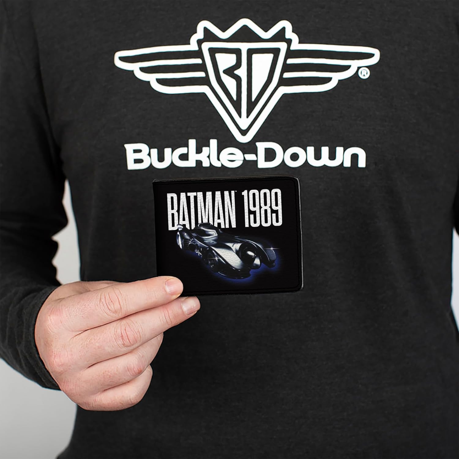 Buckle-Down DC Comics Wallet, Bifold, Batman 1989 Batmobile Text Black White Blue, Vegan Leather - Image 3