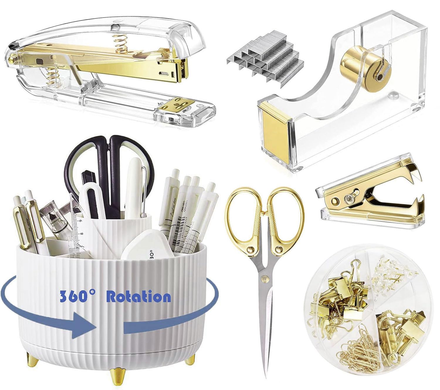 Gawsey Desk Organizers and Accessories Set with 360-Degree Rotating Pen Holder, Acrylic Stapler, Tape Holder, Staple Remover, Binder/Paper Clips Kit,