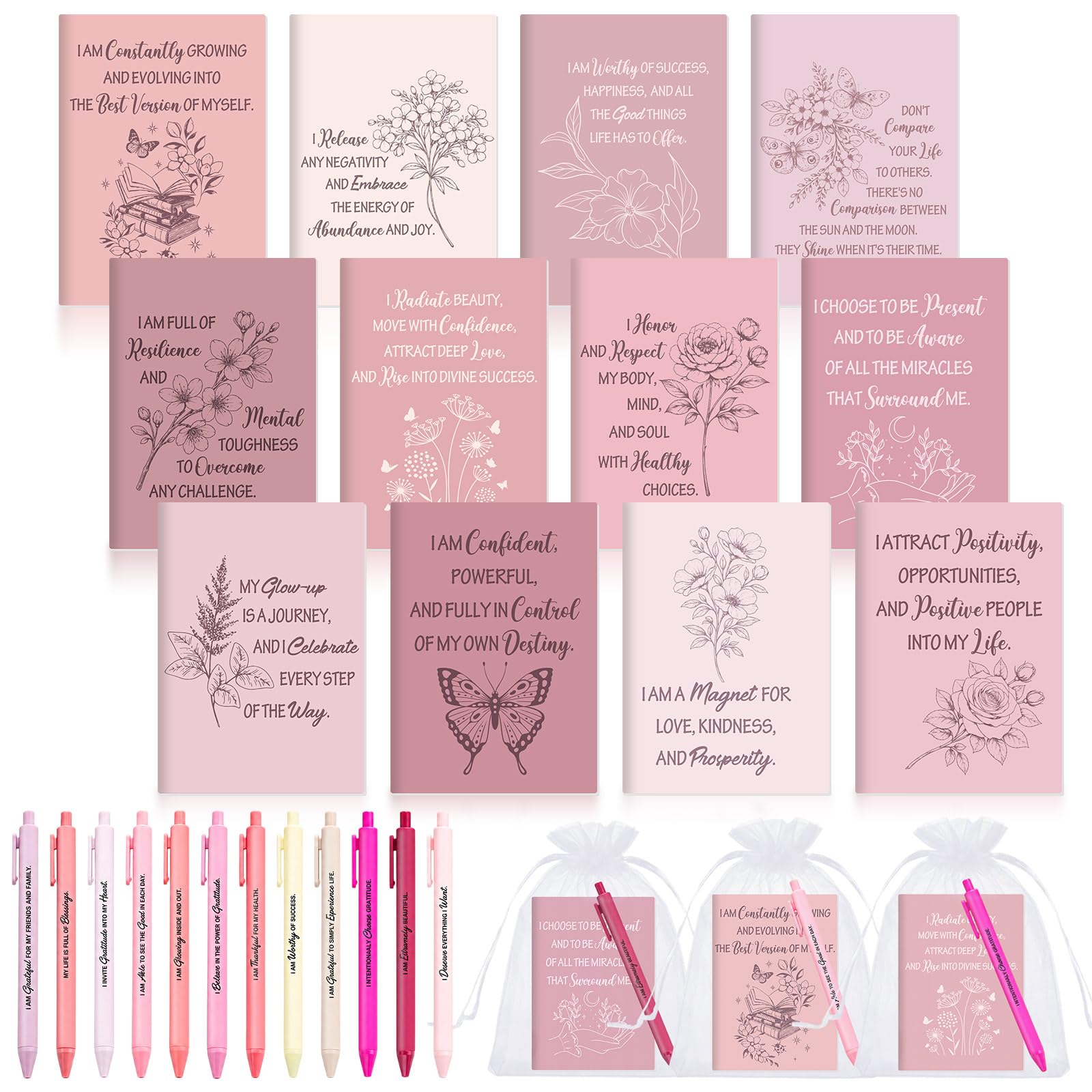 Mooliwe 24 Pcs Affirmation Notebooks Pens Bulk Gifts, Gratitude,Pink