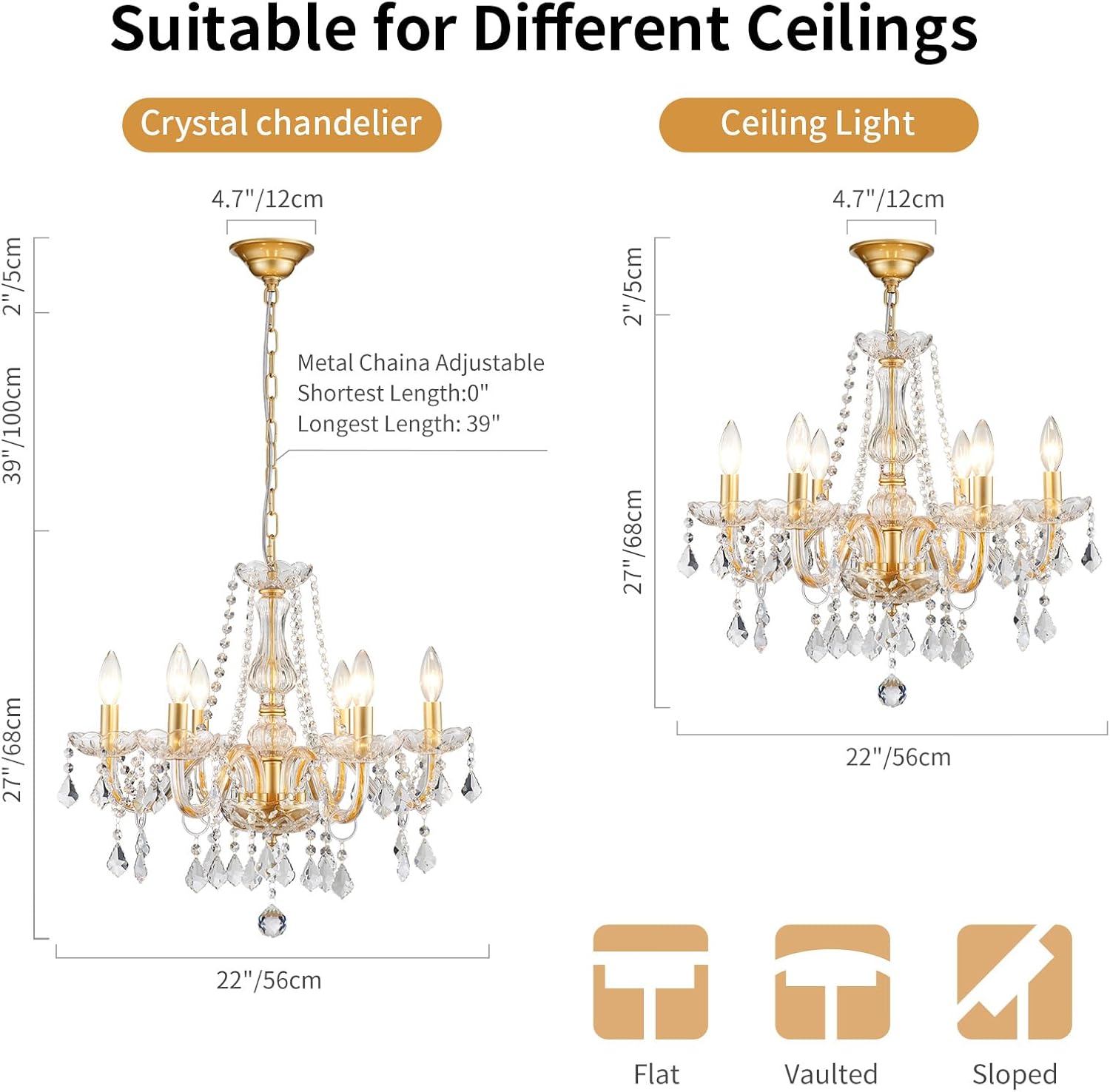 Crystal Chandelier Light Fixture, Modern K9 Crystal Chandeliers for Dining Room, 6-Lights Gold Ceiling Light, Adjustable Hanging Pendant Light Fixture for Living Room Entryway Kitchen Island Hallway