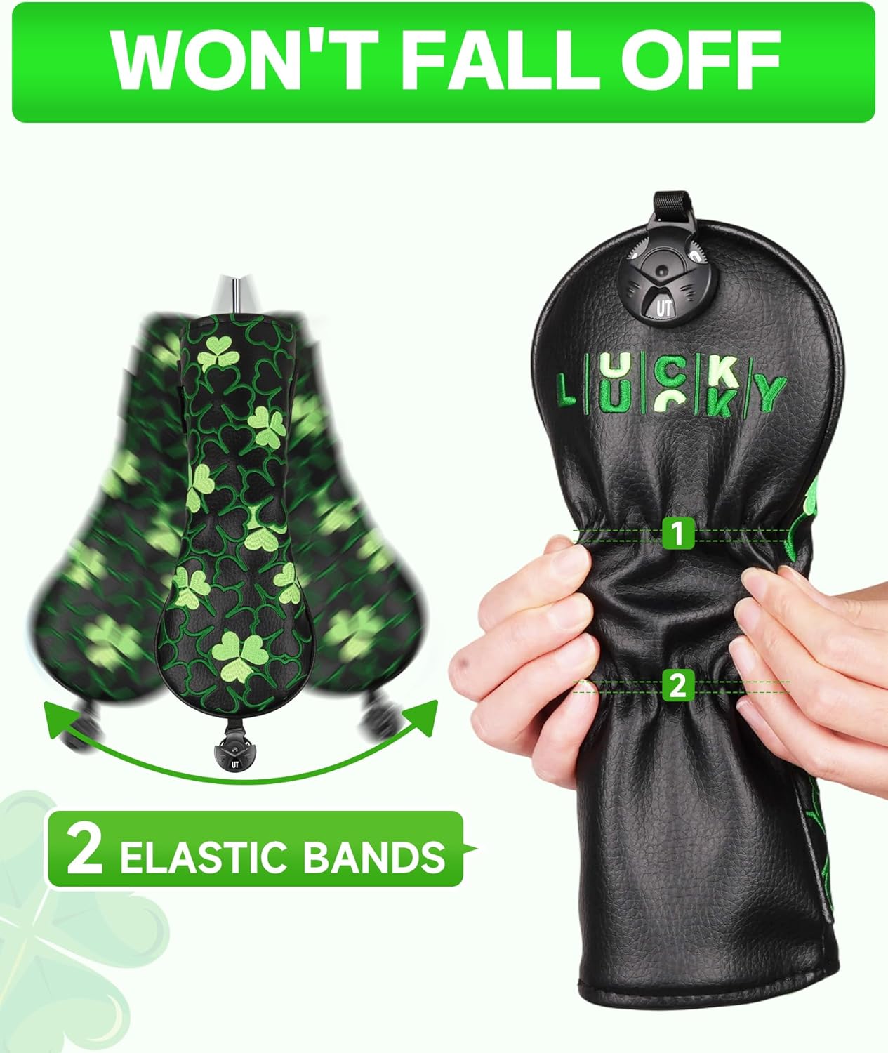 Big Teeth Golf Putter Covers Mallet Putter Headcover Magnetic Closure, Shamrock Putter Cover Headcover Black Leather Mallet Putter Covers for 2 Ball Putter