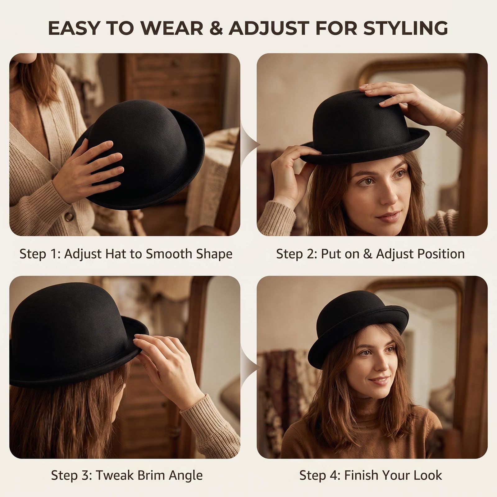 Chapeau melon Derby noir vintage à bord roulé pour homme et femme 56-58 cm