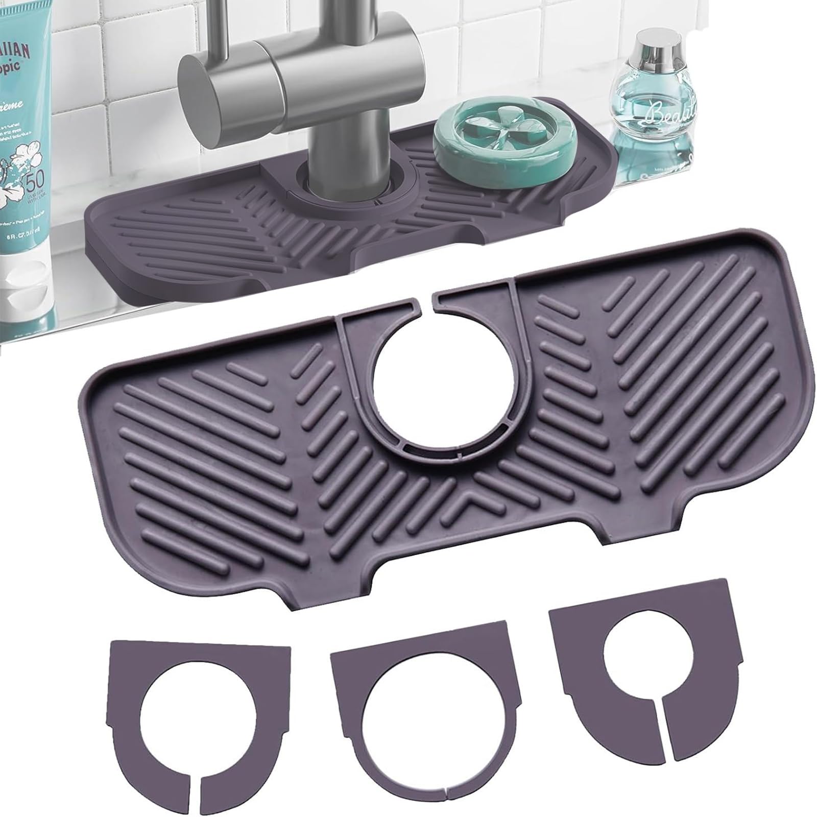 Tap Drying Mat Silicone Dish Drying Mat Kitchen Sink with 3 Replacement Sizes Tap Mat, Splash Catcher Sink Splash Guard for Kitchen and Bathroom Worktop Protect (Grey 1)