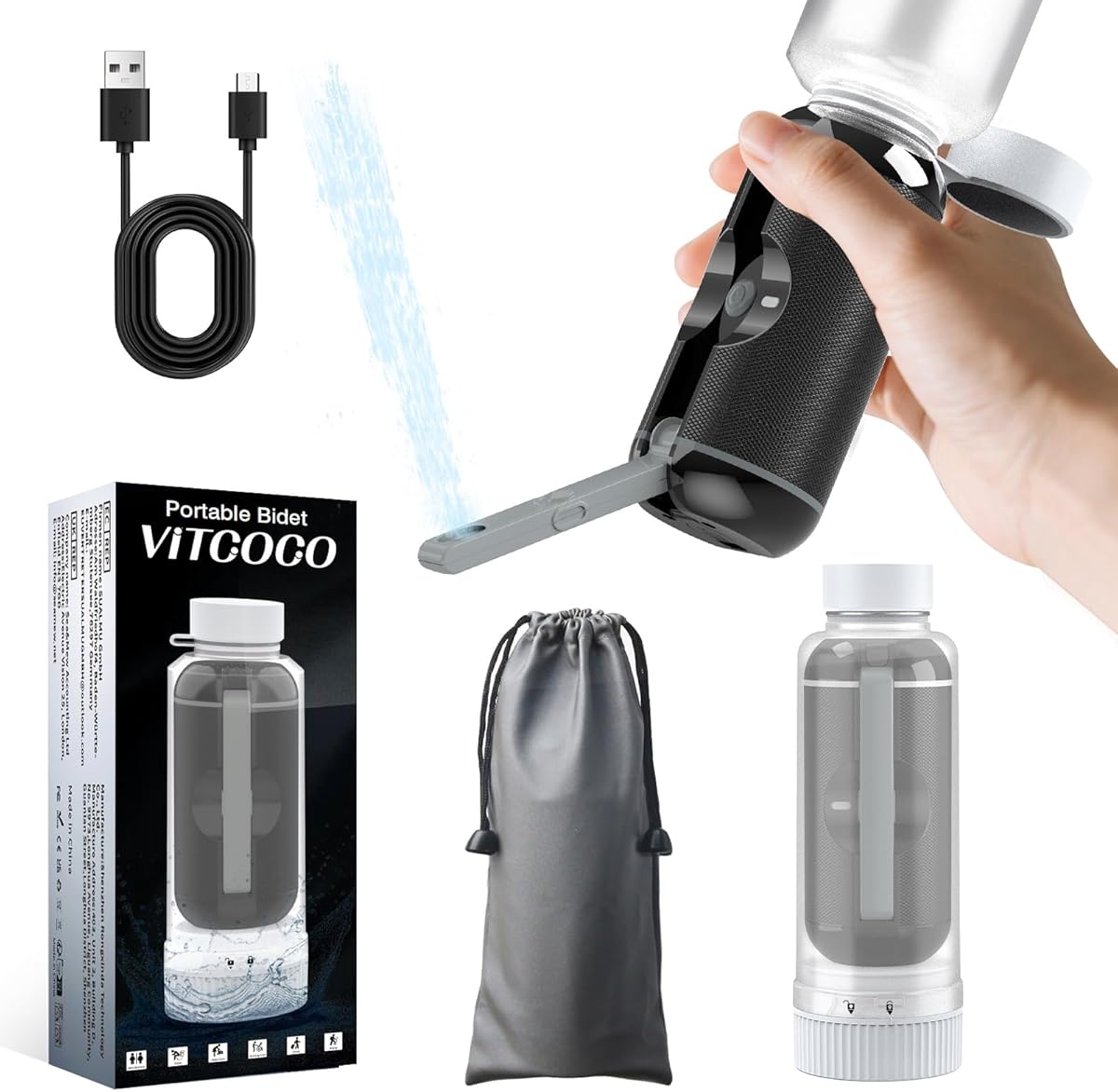 Portable Bidet for Travel, VITCOCO USB-C Rechargeable Electric Travel Bidet Sprayer, IPX7 Waterproof High Pressure Handheld Bidets for Personal Hygiene Cleaning