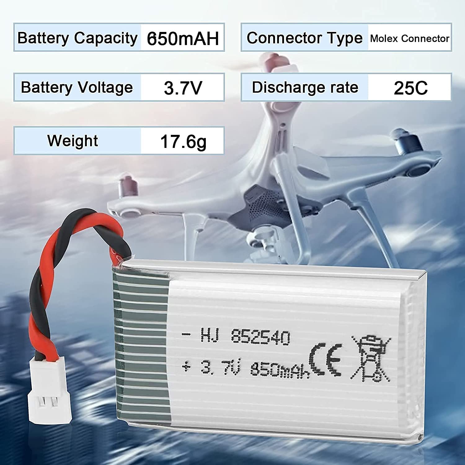 YUNIQUE GREEN-CLEAN-POWER - Batterie Lipo 3.7V 500mAh Pour Drone RC | 2 Pièces Compatibles Syma X5, Cheerson CX-30W, Skytech M68 | Rechargeable, Léger 16g