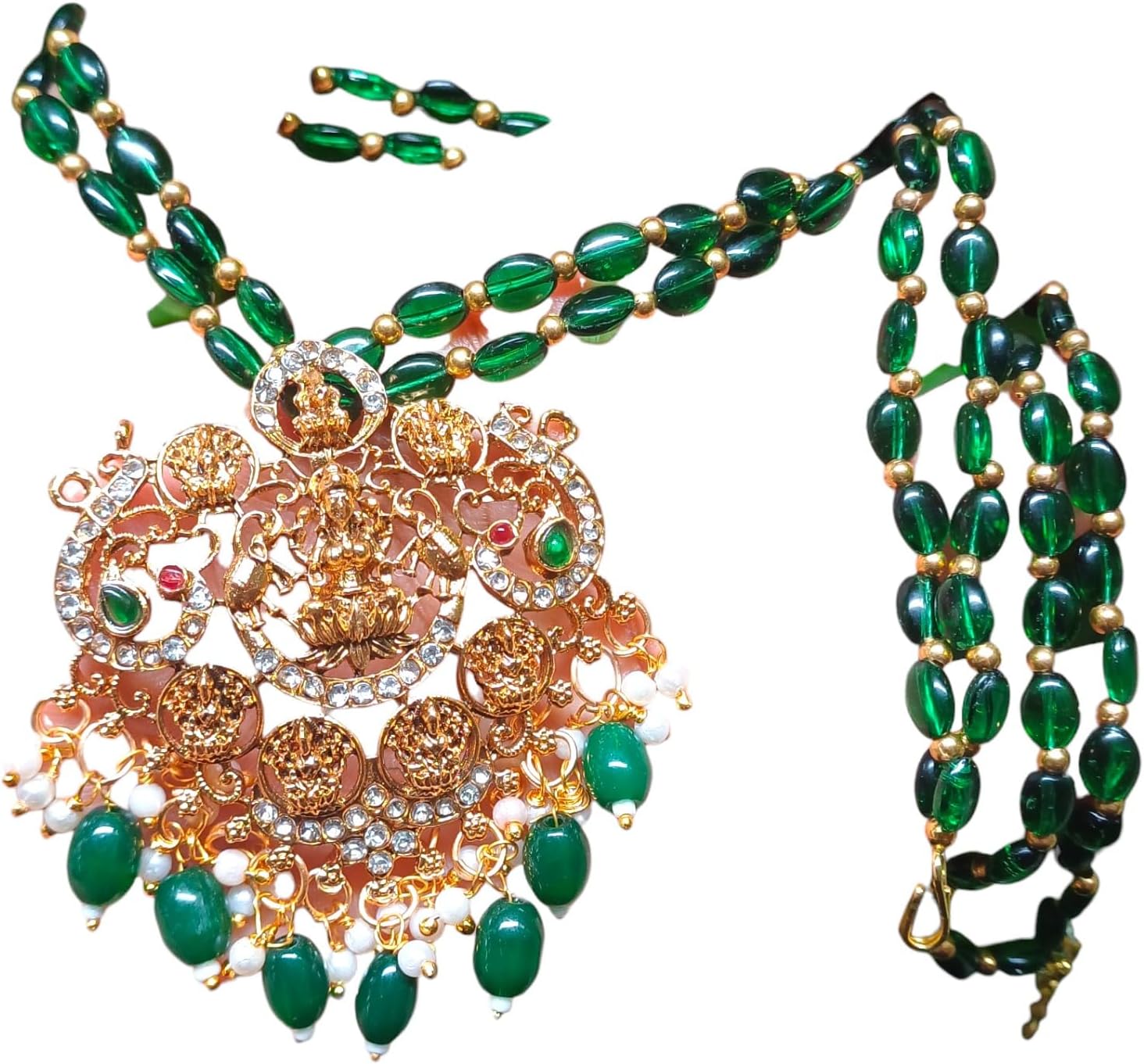 NANDANA COLLECTIONSWomen's Glittering Short Temple Jewellery 3D Asta Lakshmi Pendant Chian Goodquality Green 2 Line Monalisa Chain Adjustable Size Festival Wear