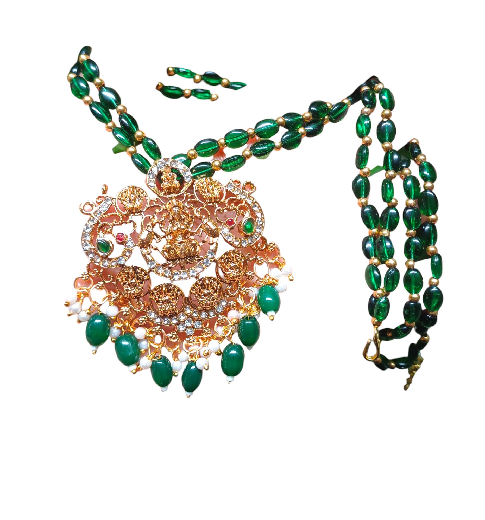 NANDANA COLLECTIONSWomen's Glittering Short Temple Jewellery 3D Asta Lakshmi Pendant Chian Goodquality Green 2 Line Monalisa Chain Adjustable Size Festival Wear
