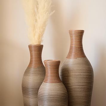 Rattan Floor Vases, Tall Decorative Farmhouse Vases Set of 3 Hand-Woven PVC, Light Brown Imitation Rattan Vase for Home Decor, Living Room, Entryway & Office