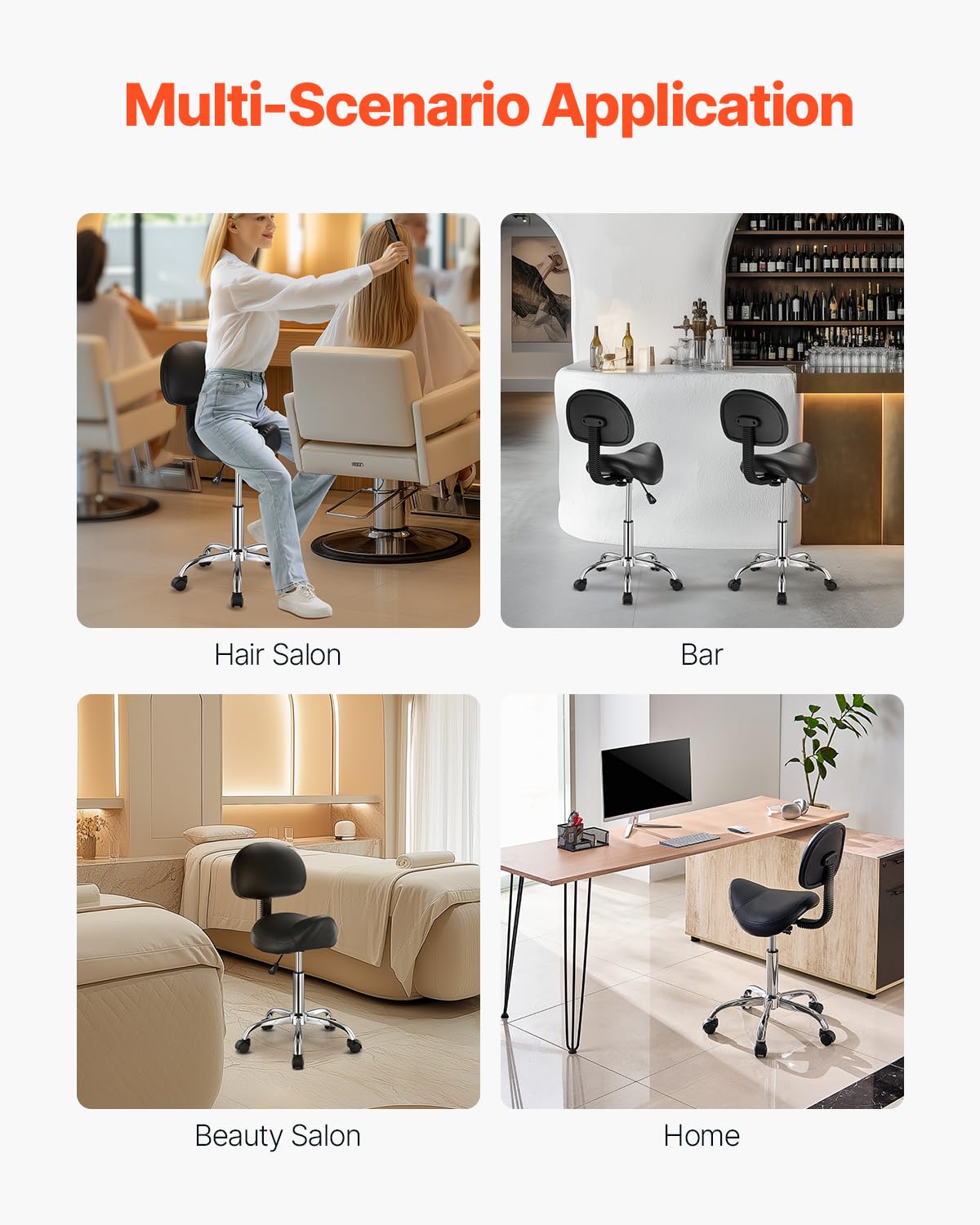 VEVOR Taburete Giratorio Altura Ajustable de 84-100cm Carga de 204kg, Taburete de Trabajo con Respaldo, Silla de Montar Giratoria Ergonómica de Cuero de PU para Salón SPA Clínica de Masaje, Negro