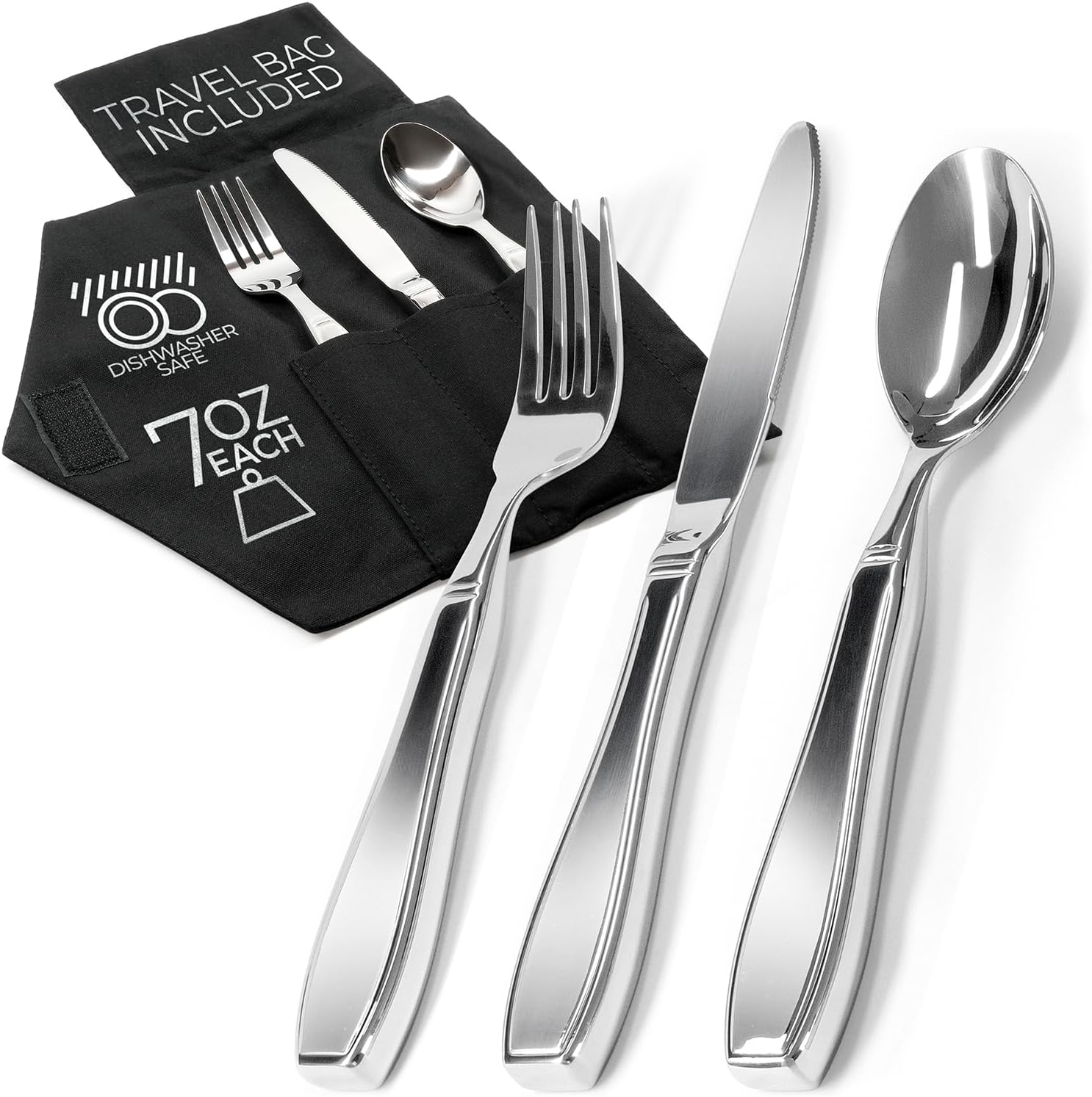 Weighted Utensils for Hand Tremors and Parkinson's Patients - 3 Piece Set Weighted Silverware for Elderly, Arthritis, Weak Hand Grip - Convenient Travel Bag, Stainless Steel, 7 Oz