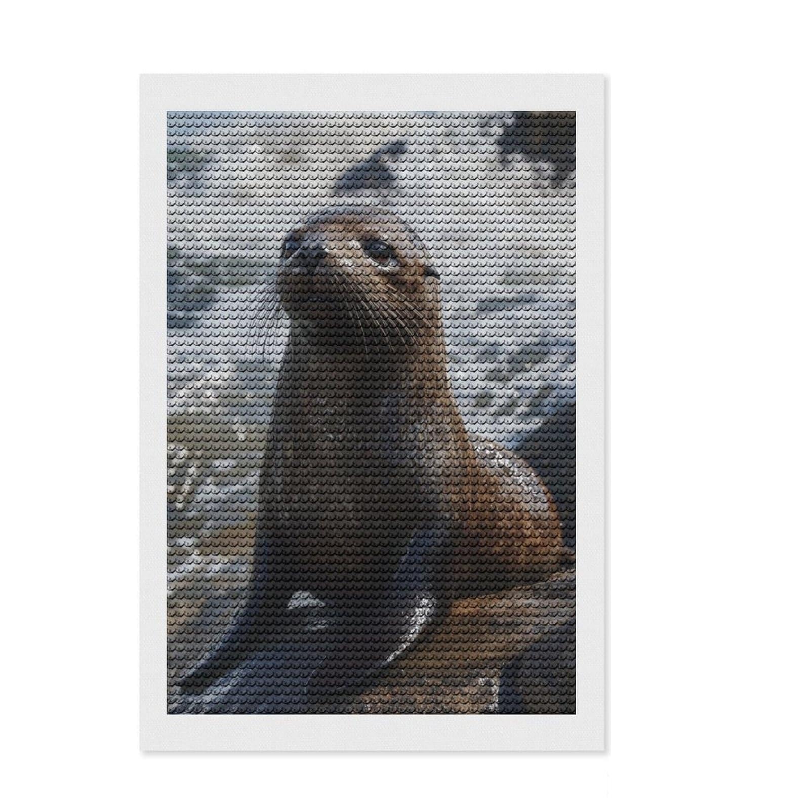 Junmoney Sea Lion on Rocks Diamond Painting Set 8"x12", Stress Relief Craft, Finish and Display, Boho Decor, for Women, Sparkling Round Gems