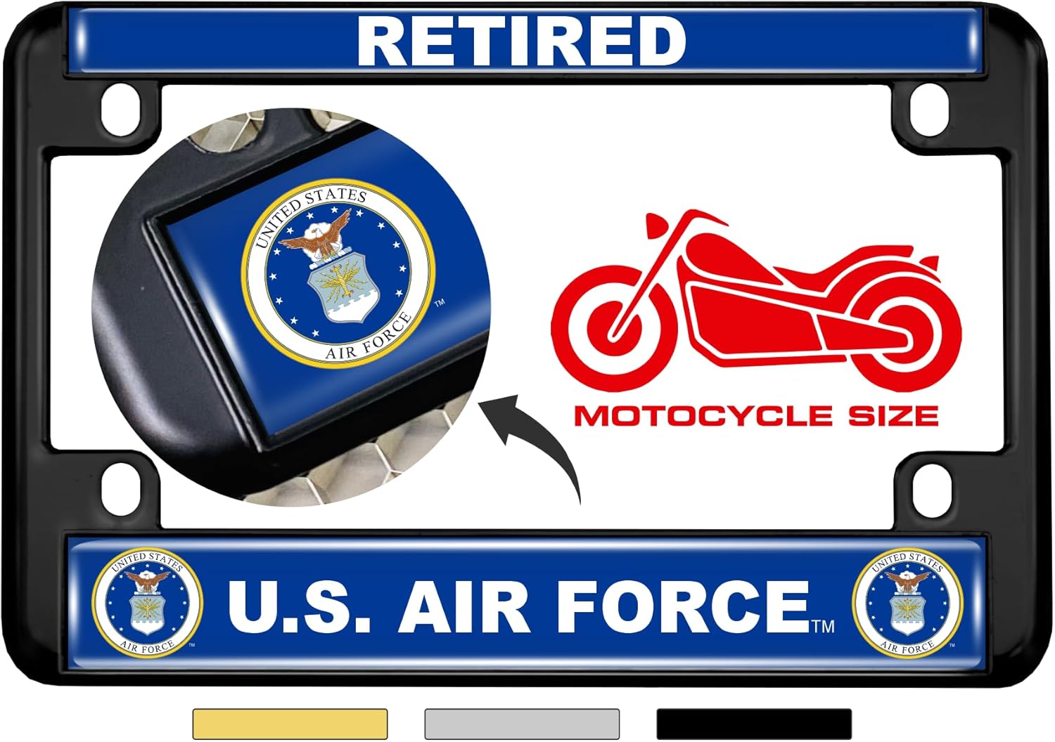[Officially Licensed Product] - Motorcycle Metal License Plate Frame with U.S. Air Force Retired, USAF Design - Black