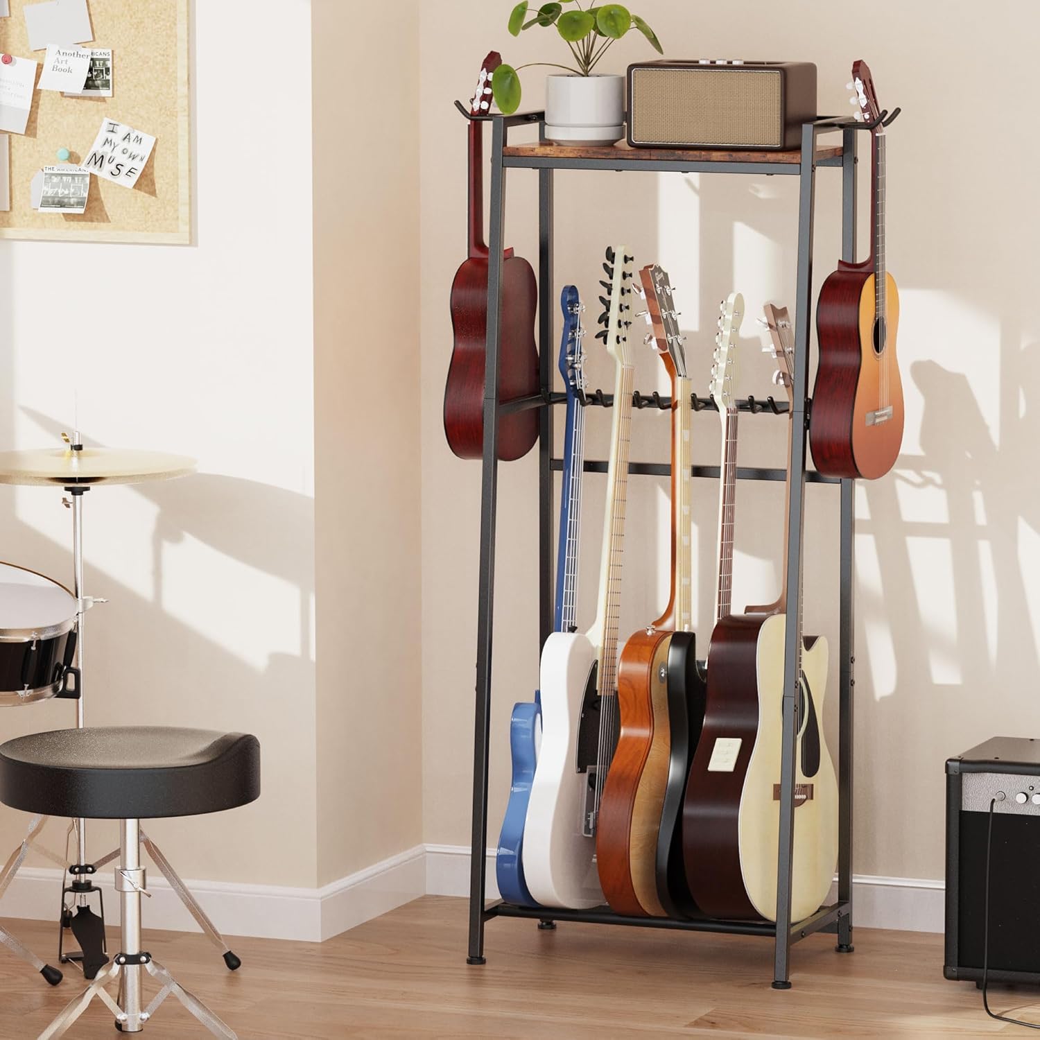 Guitarra Soporte para 5 - 7 Guitarras para Guardar Guitarra Acústica, Bajo, Ukelele,Tocadiscos, Envoltura de Espuma EVA de Doble Nivel, Soporte para Instrumentos Musicales (Marrón)