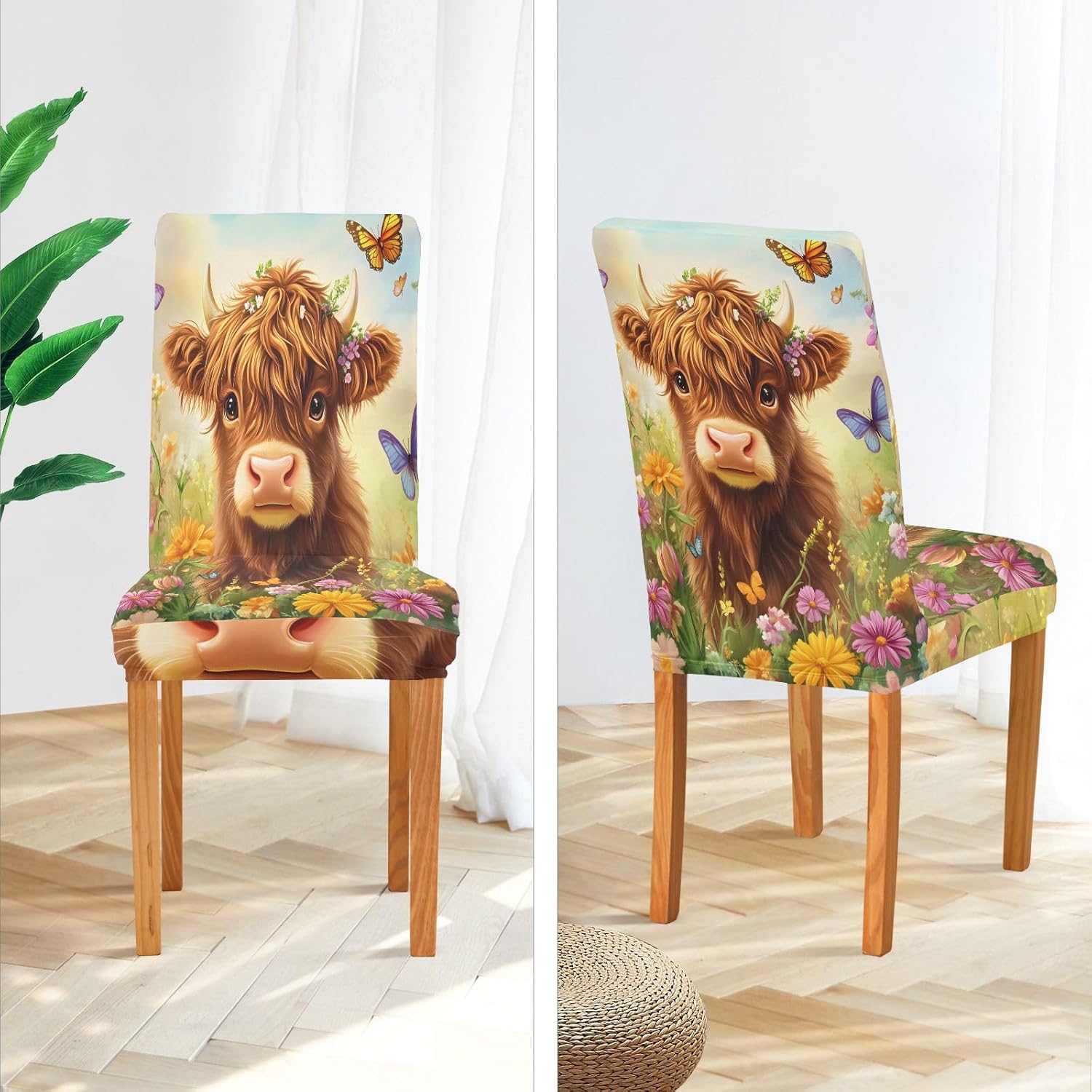 ALAZA Chair Covers for Dining Room, A Cute Highland Cow Flowers Stretch Chair Cover Sets Chair Protector Removable Washable for Ktichen Restaurant Hotel