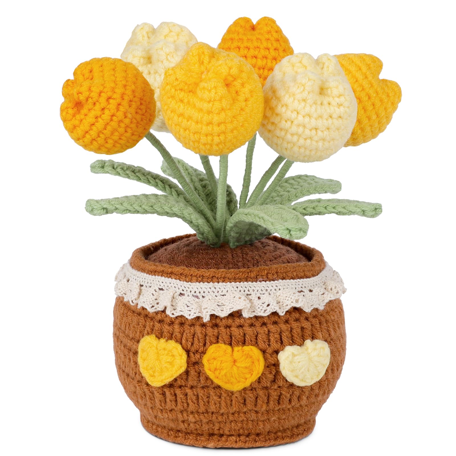Lovmeety Yellow Tulips Crochet Flower in Pot, Handmade Potted Crocheted Flowers Knitted Flower Bouquet Finished Fake Flower Tulip Gift for Girlfriend