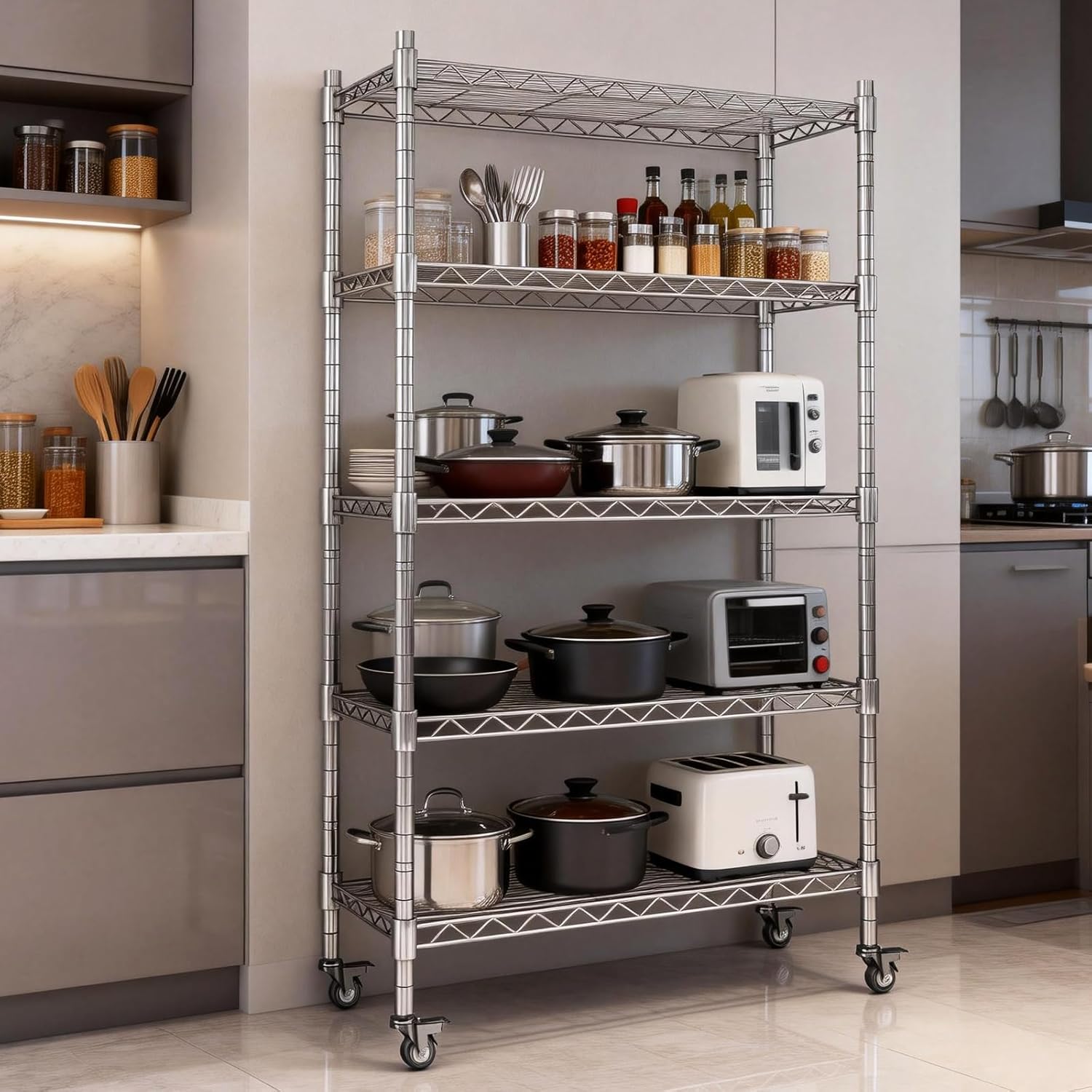AIRAJ 33”W Storage Shelves with Wheels | 5 Tier Wire Shelving | 1500 LBS Metal Shelving | Garage Shelving Units and Storage | Wire Rack Adjustable Layer Height | 33”W×13”D×73” H| Electroplated Silver