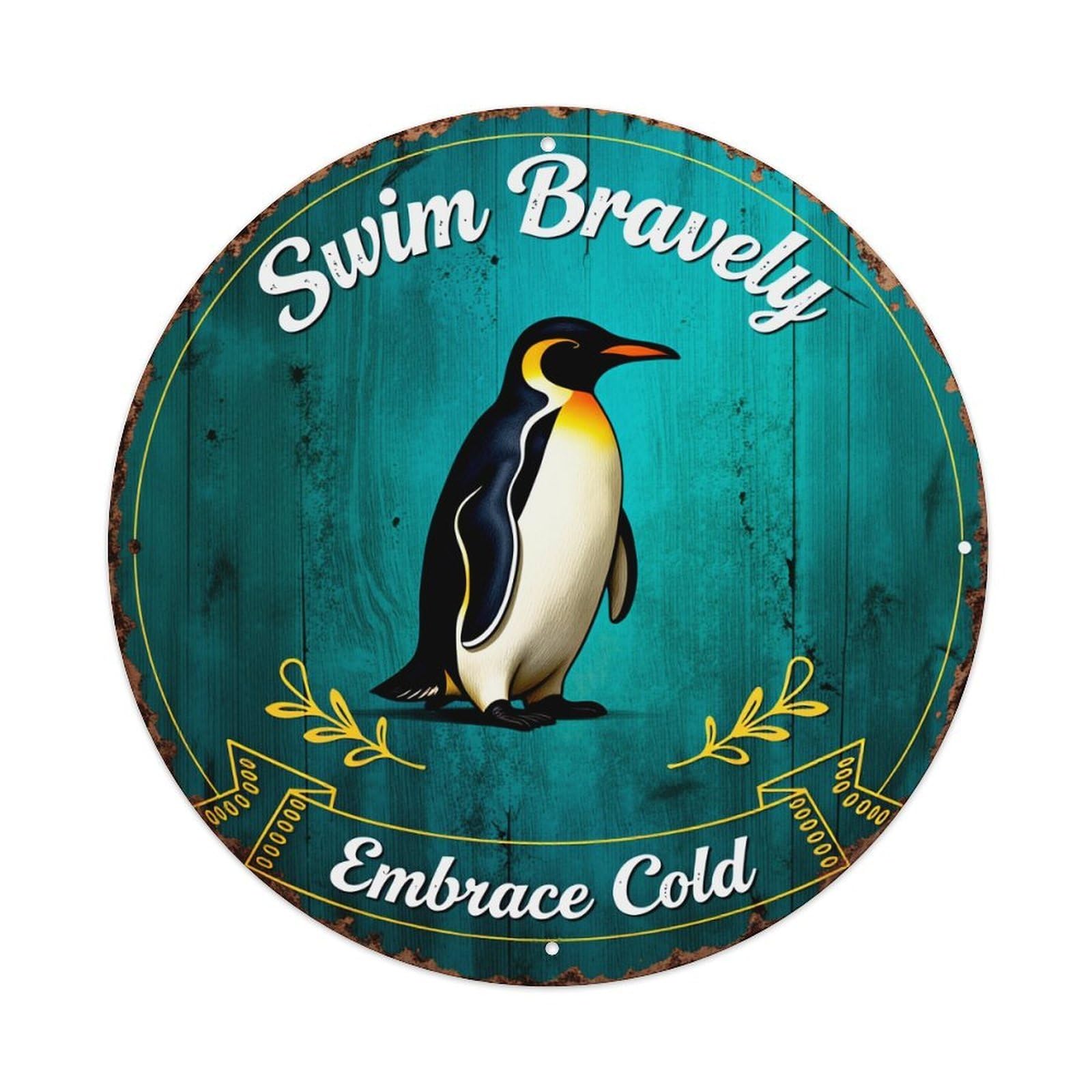 Penguin On Teal Wood Background With Text Round Vintage Tin Sign,Retro Wall Art,Metal Poster for Home, Bar, Garage, Cafe, Rustic Indoor & Outdoor Decor, 8x8 Inches