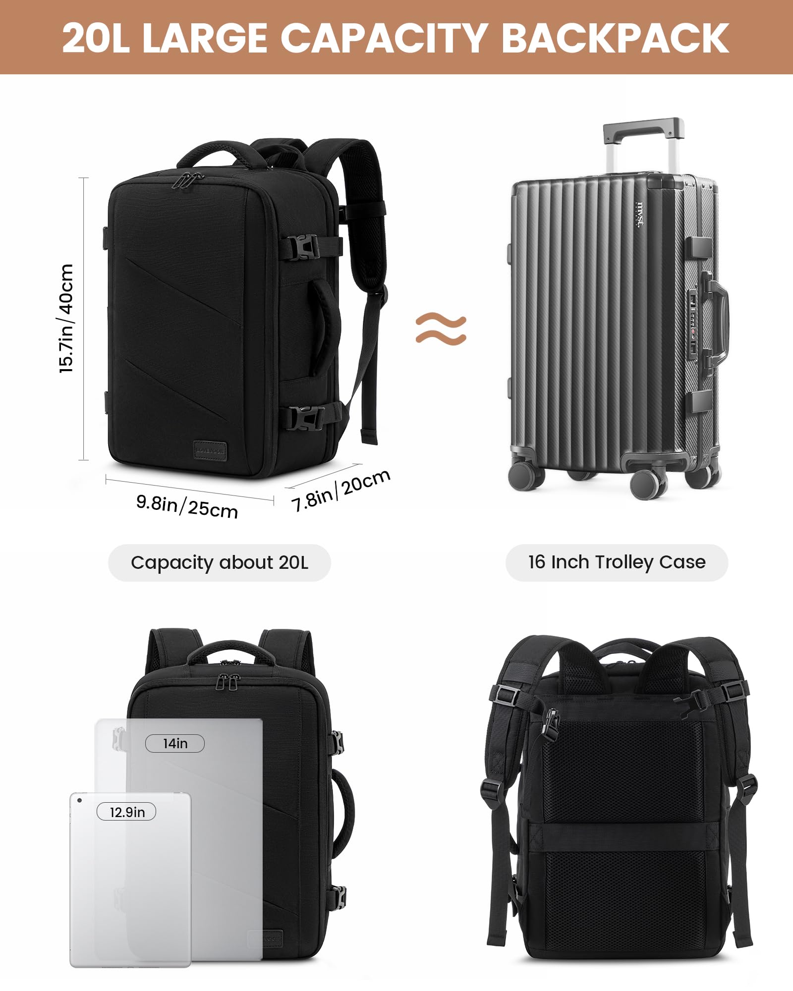 LOVEVOOK Zaino Ryanair 40x20x25 Zaino Da Viaggio Aereo Bagaglio A Mano Per Easyjet, 20 Litri Borse Da Cabina Grande Zaino Porta PC 14 Pollici Uomo Donna, Zaino Borsa Viaggio per Scuola Lavoro, Nero