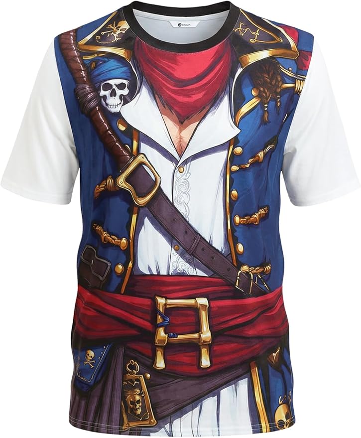 Runcati Mens Pirate Captain T-Shirts Tuxedo Funny 3D Print Cosplay Costume Tees Crewneck Short Sleeve Top Unisex