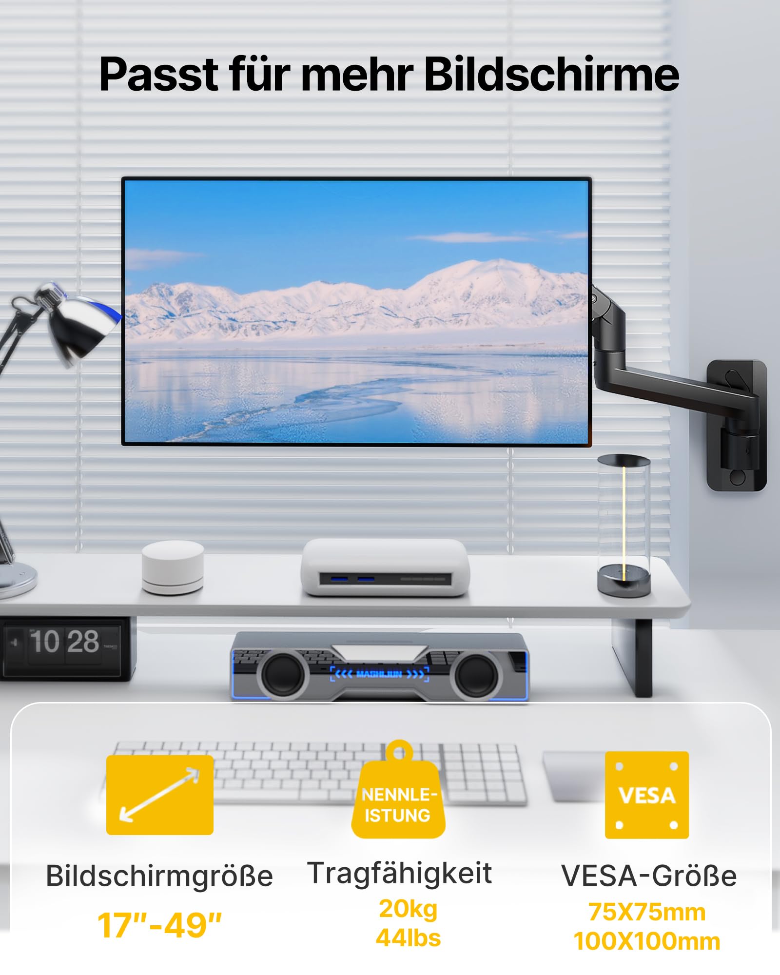 monTEK Ultrawide - Supporto da parete per monitor da 17-49 pollici | Supporto per monitor ad alte prestazioni, fino a 20 kg, braccio per monitor regolabile, 75 x 75/100 x 100 VESA, nero
