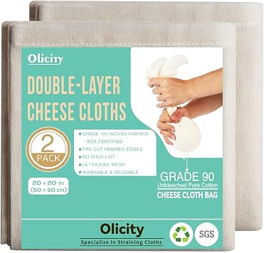 Olicity Cheese Cloths, 2PCS, Double-Layer, 20x20Inch, Reusable Grade 90 Cheese Cloth Bag for Straining, Hemmed Unbleached Cotton Precut Fine Mesh Muslin Cheesecloth for Juicing, Butter, Canning