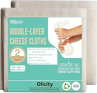 Olicity Cheese Cloths, 2PCS, Double-Layer, 20x20Inch, Reusable Grade 90 Cheese Cloth Bag for Straining, Hemmed Unbleached Cotton Precut Fine Mesh Muslin Cheesecloth for Juicing, Butter, Canning