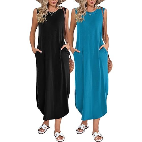 2 Pcs Women's Maxi Dress Sleeveless Sundress Women Long Dress Split Maxi Dresses Womens Beach Maxi Dress with Pockets