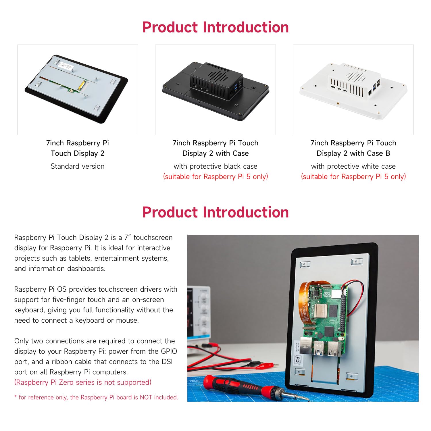 Waveshare Official Pi 7inch Raspberry Pi Touch Display 2 With White Case, 720 x 1280, IPS, DSI Interface, 5-Point Touch
