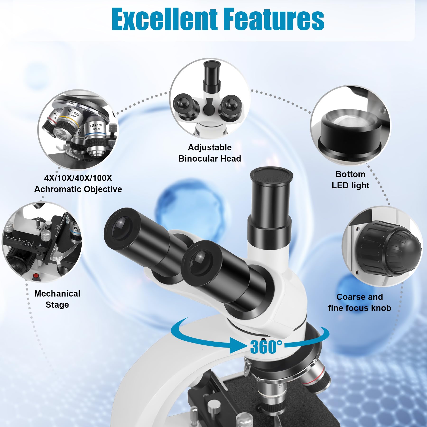 Microscope Trinoculaire Composé avec Oculaire Électronique, Agrandissement 40X à 5000X Microscope Professionnel pour Adultes, Inclut Oculaires WF10X et WF25X, Platine Mécanique et 30 Lames Préparées