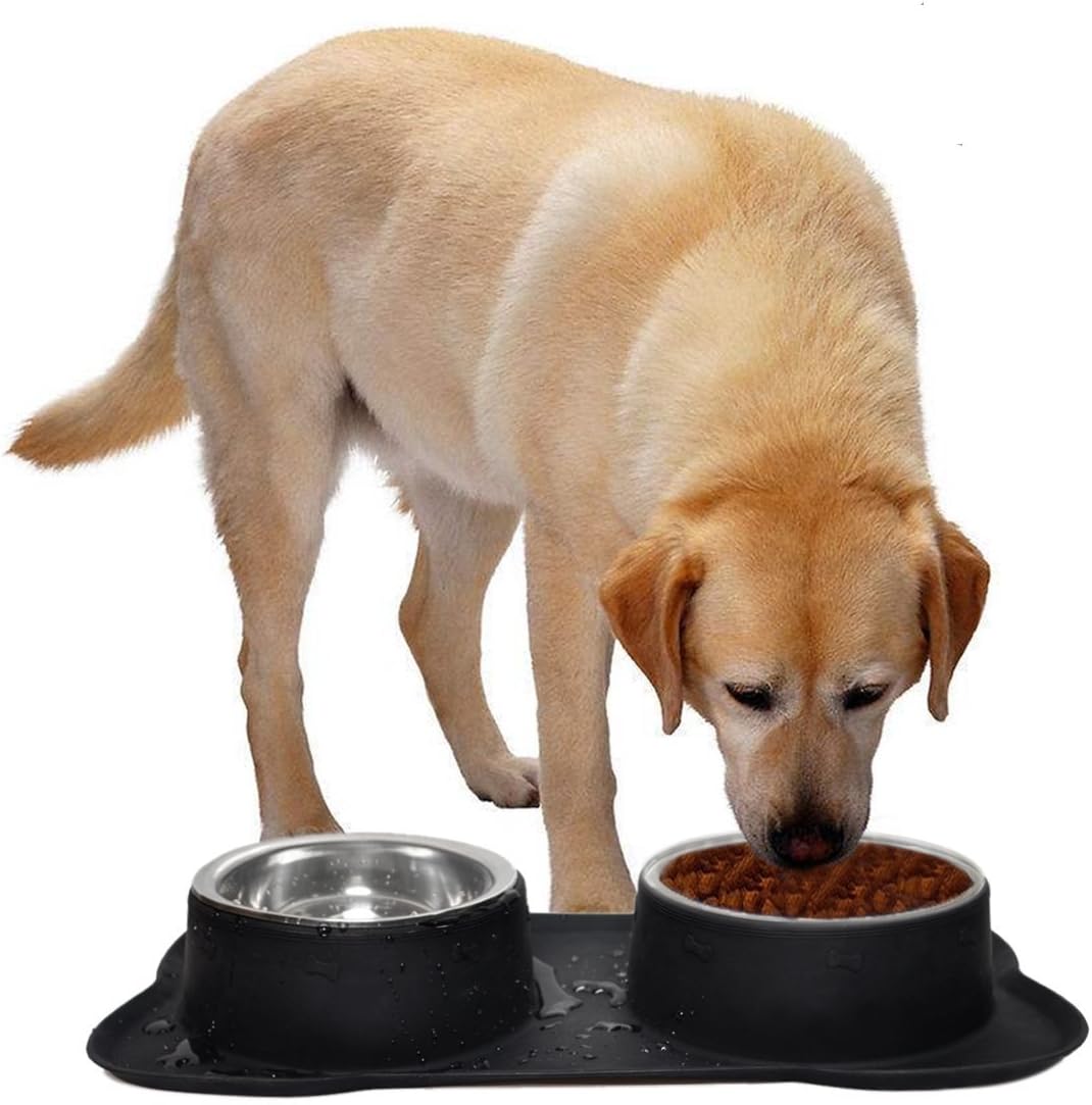 Dog Bowls, CATOOP Stainless Steel Pet Dog Bowls Food Water Feeding Bowl with No Spill Non-Skid Silicone Mat 54 oz Pet Bowls Feeder for Dogs Cats Puppies Pets, Set of 2(Black)