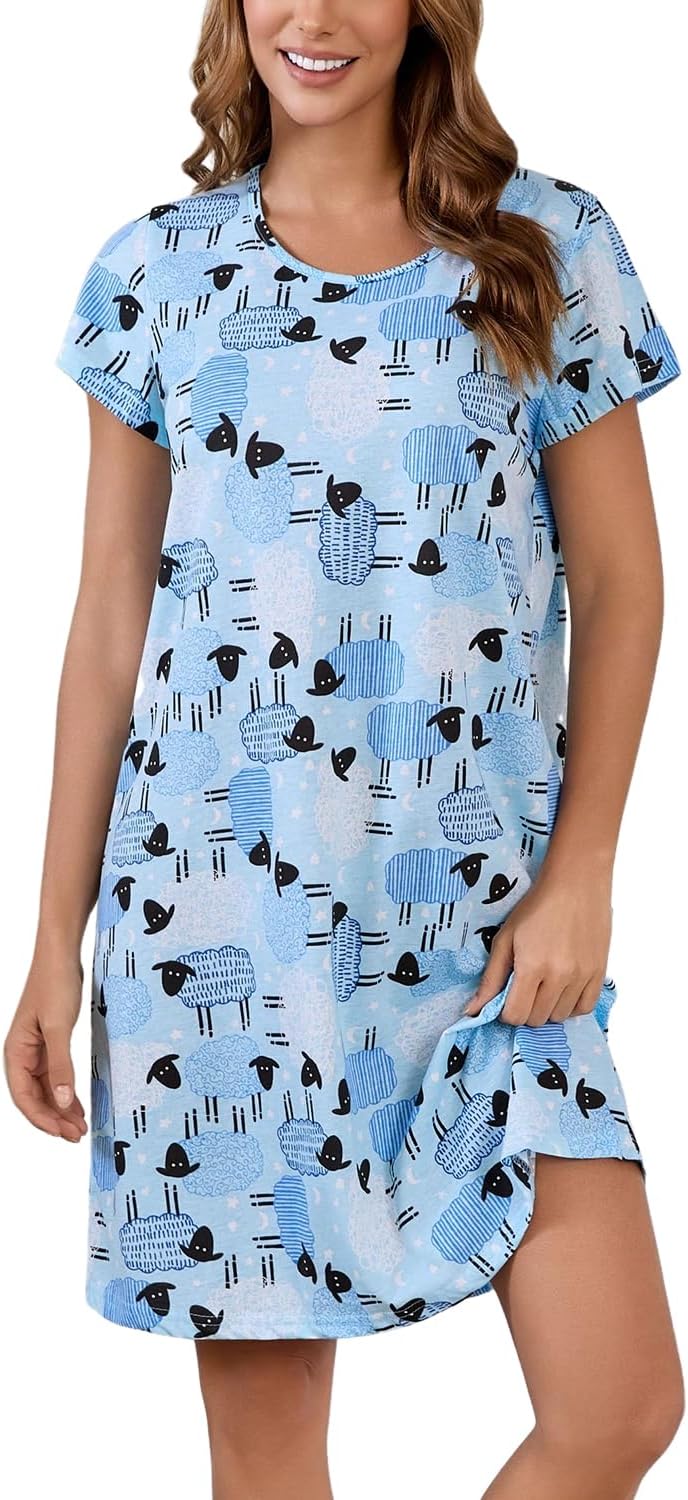 Inadays Women's Cotton Nightgown Sleepwear Short Sleeves Nightshirt Casual Print Sleepdress Loose Comfy Pajama - Image 3