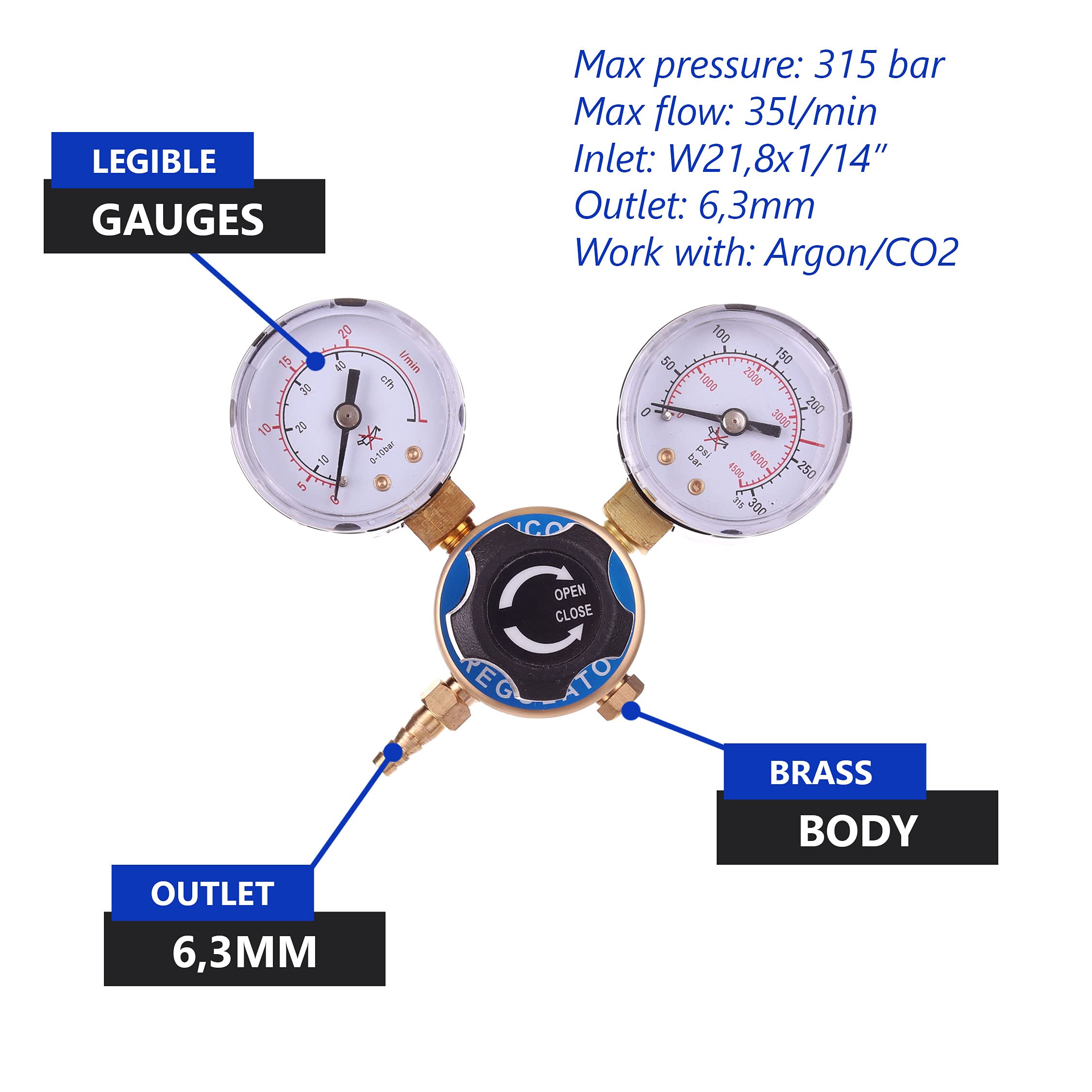 TECHNIC Reductor de Presión para Argón, Gas Dióxido de Carbono Regulador Apto para Soldadura Mig Mag Tig 2 Manómetros Válvula de Seguridad Caudal Max 35 l/min Presión de Entrada 315 bar
