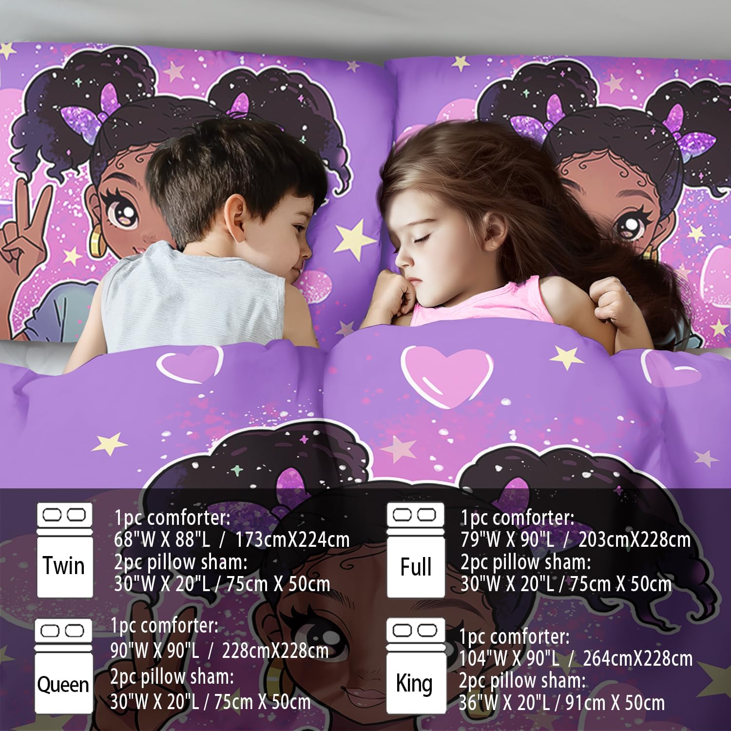 African American Black Girl Comforter Set Full Size,Cute Black Girl Bedding Set Full for Kids,Kawaii Heart Comforter Purple Bedding Decor for Teen,Purple Bed Quilt - Image 6