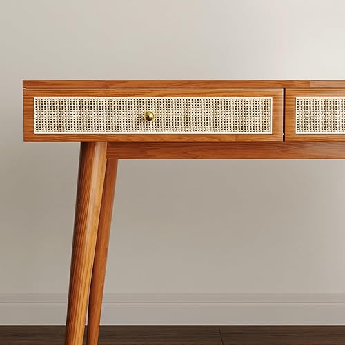 Miniatura 6 de Escritorio moderno de madera maciza Mid-Century con cajones, escritorio pequeño de ratán bohemio de 45 pulgadas para oficina en casa, mesa de patas