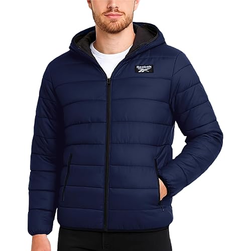 Reebok Mens Puffer Jacket - Lightweight Quilted Warm Glacier Shield Hooded Mens Winter Coats - Cozy Insulated Jackets for Men