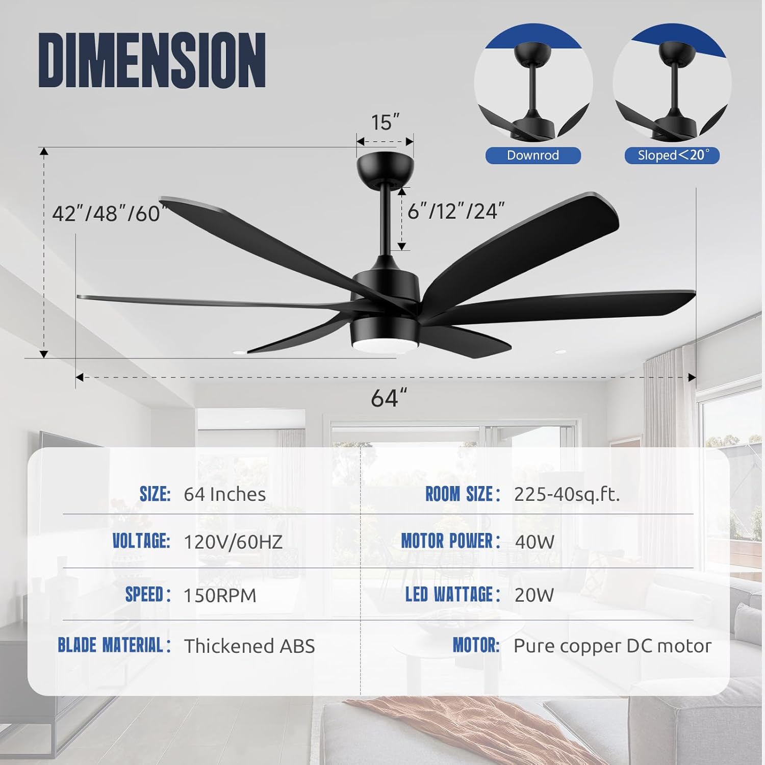 Outdoor Ceiling Fans with Lights, 64 Inch Modern Black Smart Ceiling Fan with Remote& APP& Alexa, 6 Blade ABS Damp Rated Ceiling Fan Exterior for Patio Proch Indoor Living Room Industrial Fan