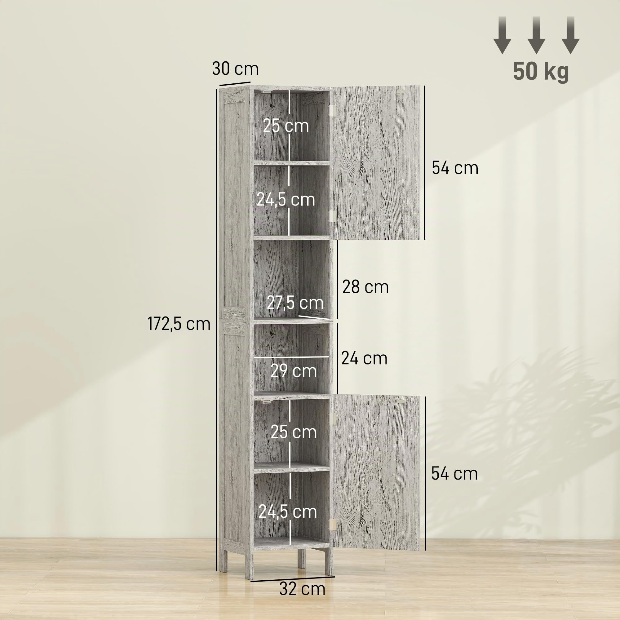 HOMCOM Meuble Colonne Rangement Salle de Bain dim. 30L x 32l x 172H cm Gris