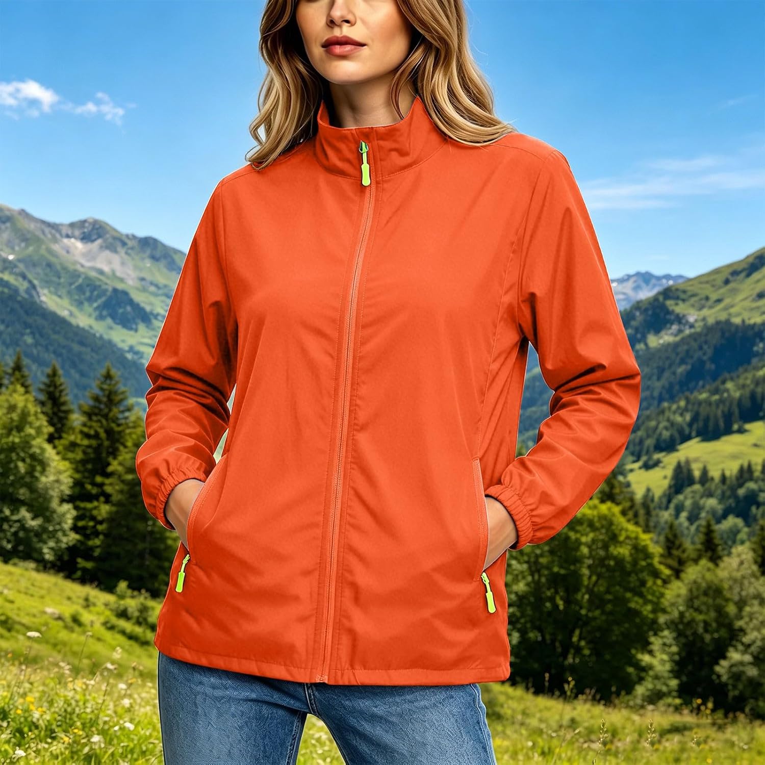 Windbreaker Jacket for Women Full Zip Lightweight Sport Coat | Women's Casual Waterproof Track Jacket with Stand Collar, Contrast Trim Cuff, Zip Pockets for Running Travel Fall Spring