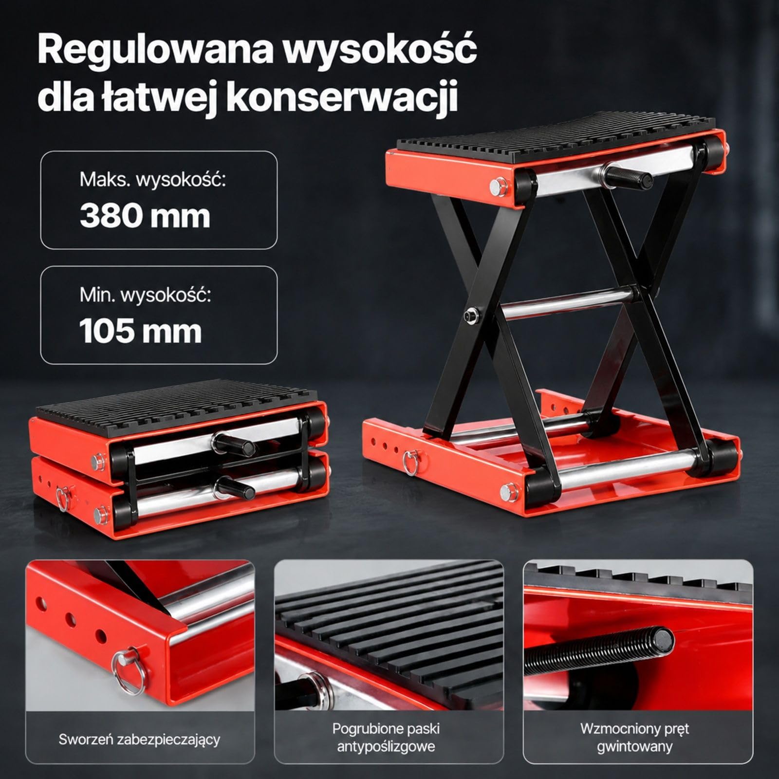 Stalowy podnośnik nożycowy do motocykli z szeroką platformą, kluczem grzechotkowym i korbą do motocykli terenowych