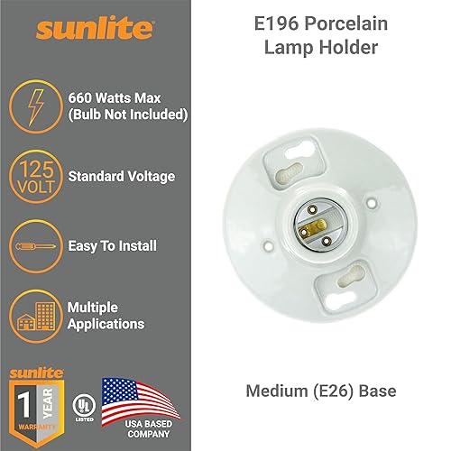 Miniatura 2 de Sunlite 40880-SU Soporte de lámpara de porcelana, base mediana (E26), para instalación en cajas de conexiones de 3.25 y 4 pulgadas, 660 vatios