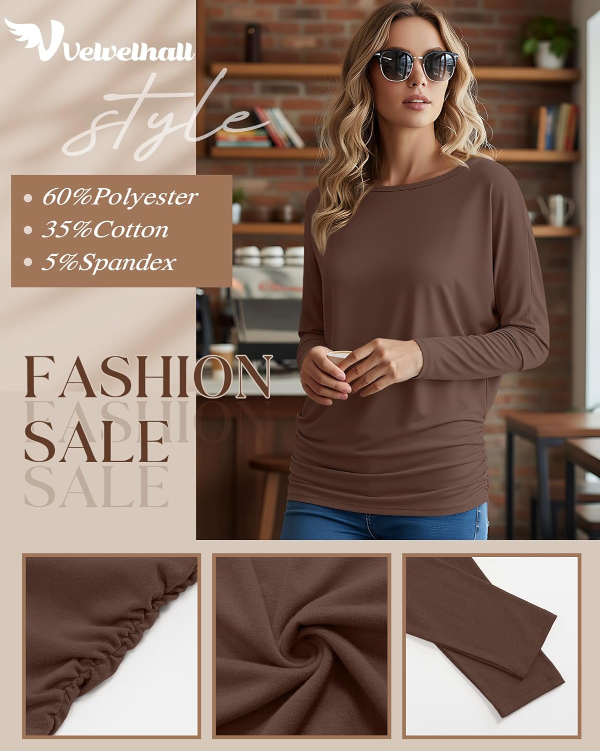 3 Pack Women's Dolman Sleeve Tops Casual Long Sleeve Flowy Side Ruched Shirts Round Neck Bat Wing Draped Basic Tee - Image 4