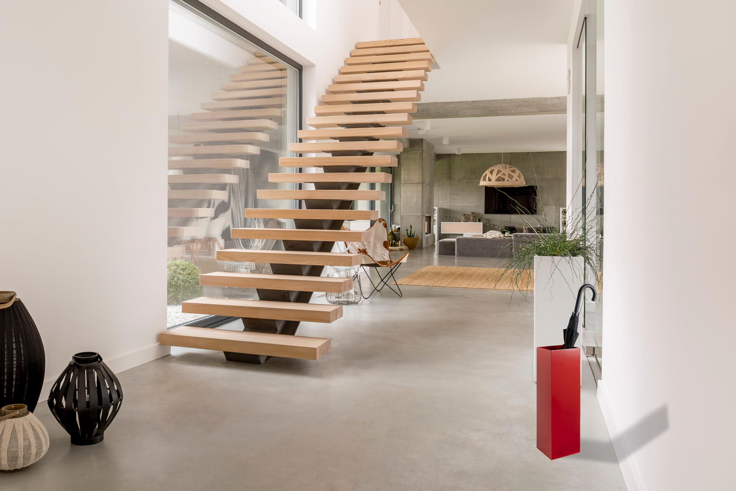 Schirmständer rot mit modernem Design aus Metall für Heim und Büro, Design-Ständer, 2 Haken, 2x Wasserauffangschale herausnehmbar, 15,5x15,5x49cm, quadratisch, Regenschirmständer