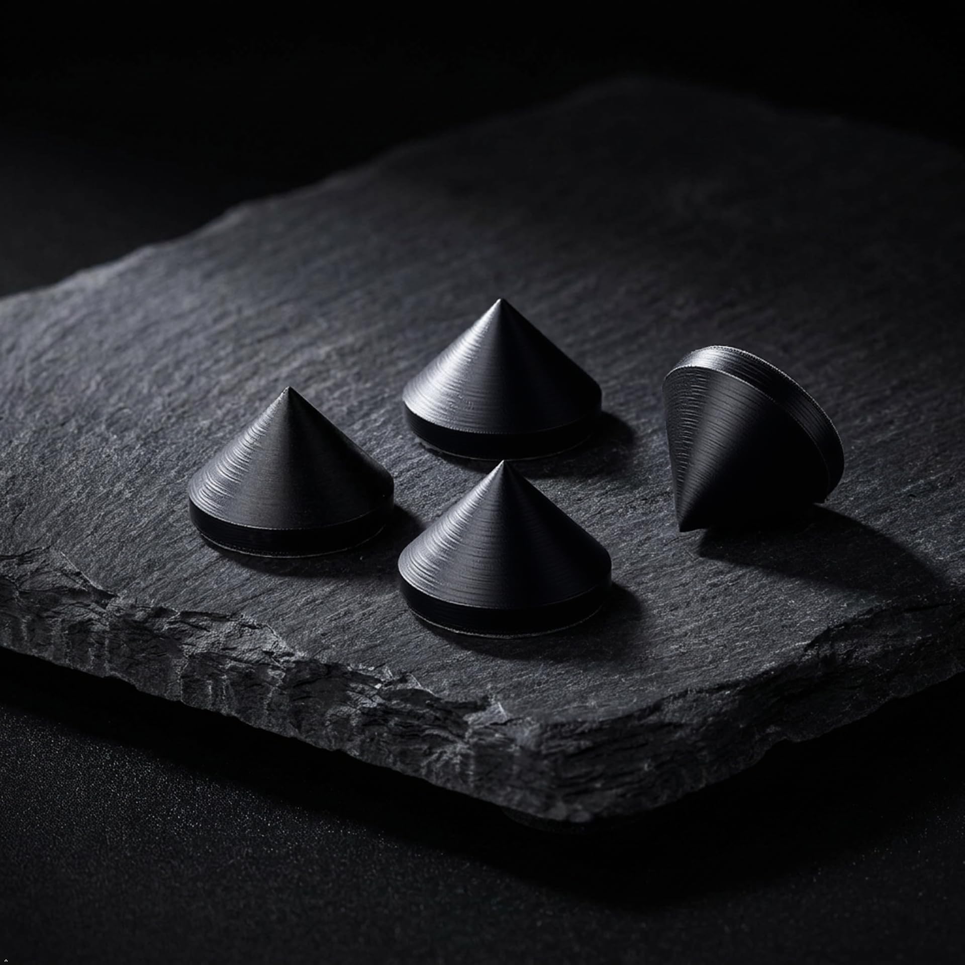 PrecisionGeek - Pointes pour Enceintes Forme Conique, diamètre 20 mm, Acier Noir, oxydé, Coussinets Autocollants Double Face Inclus - 4 pièces