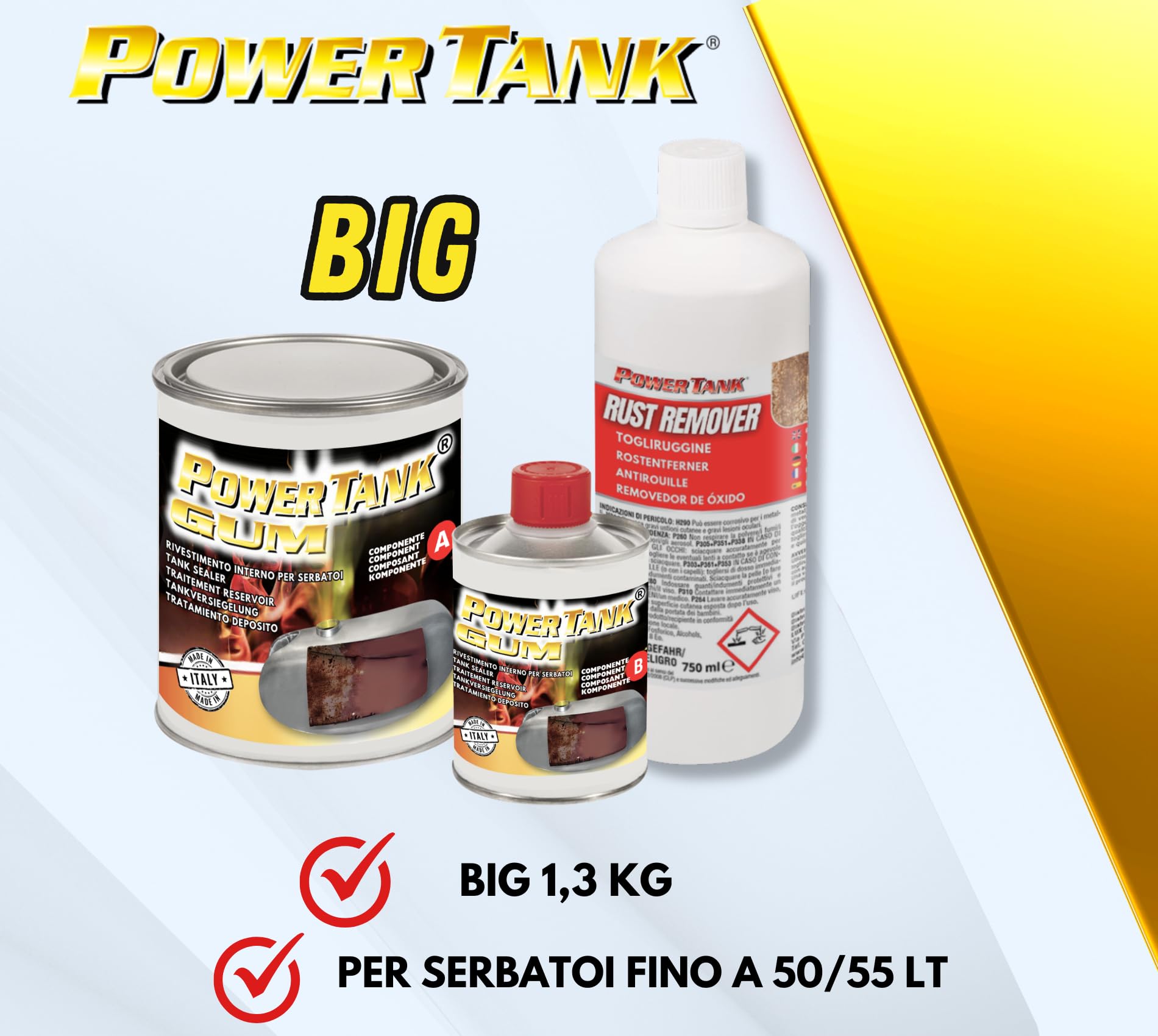POWER TANK GUM - Trattamento Serbatoio Auto 50/55 Litri Kit Grande Big 1,3 kg per interno Serbatoi gasolio benzina Elimina la Ruggine Ripara Protegge Arrugginito da Moto Auto d'Epoca con Antiruggine