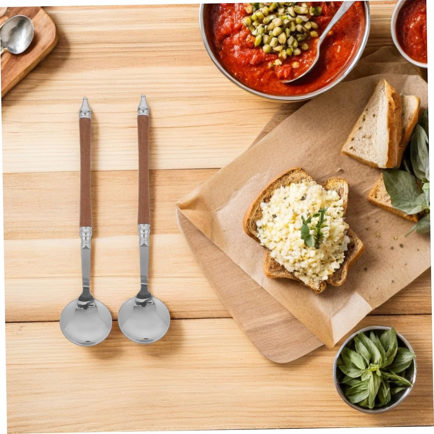 20pcs Stainless Steel Retro Table Spoons with Wooden Handle, Thickened Dessert and Salad Spoons for Household Dining and Serving