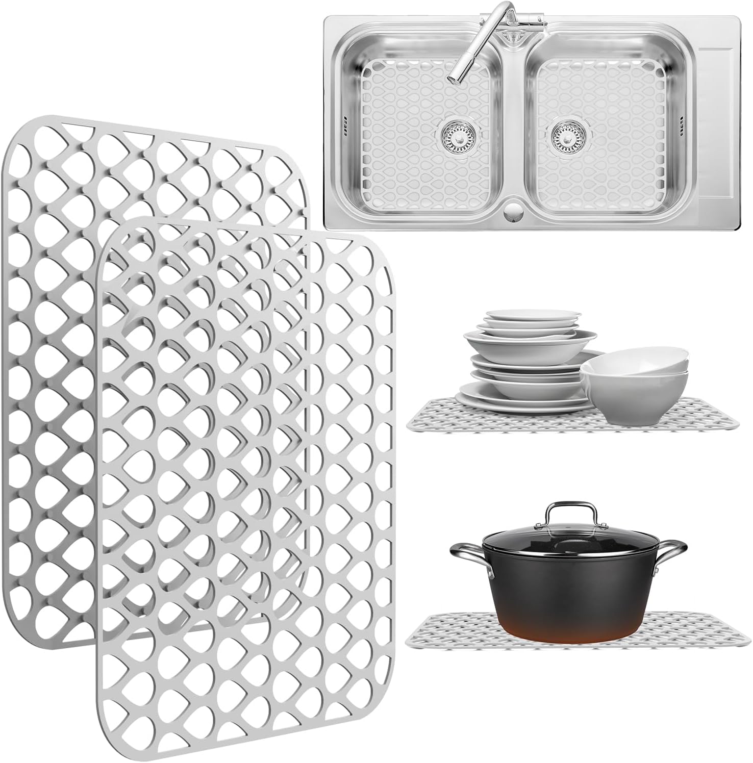 Silicone Sink Protectors for Kitchen Sink – 2 Pack Kitchen Sink Mats for Bottom of Sink – Heat-Resistant, Dishwasher-Safe Sink Grid – Non-Slip Sink Accessories, Flexible Sink Protector Mat – White