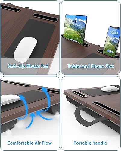 Miniatura 4 de Escritorio de regazo para laptop, escritorio portátil grande para cama, mesa de hasta 17 pulgadas con reposabrazos, alfombrilla de ratón, ranura