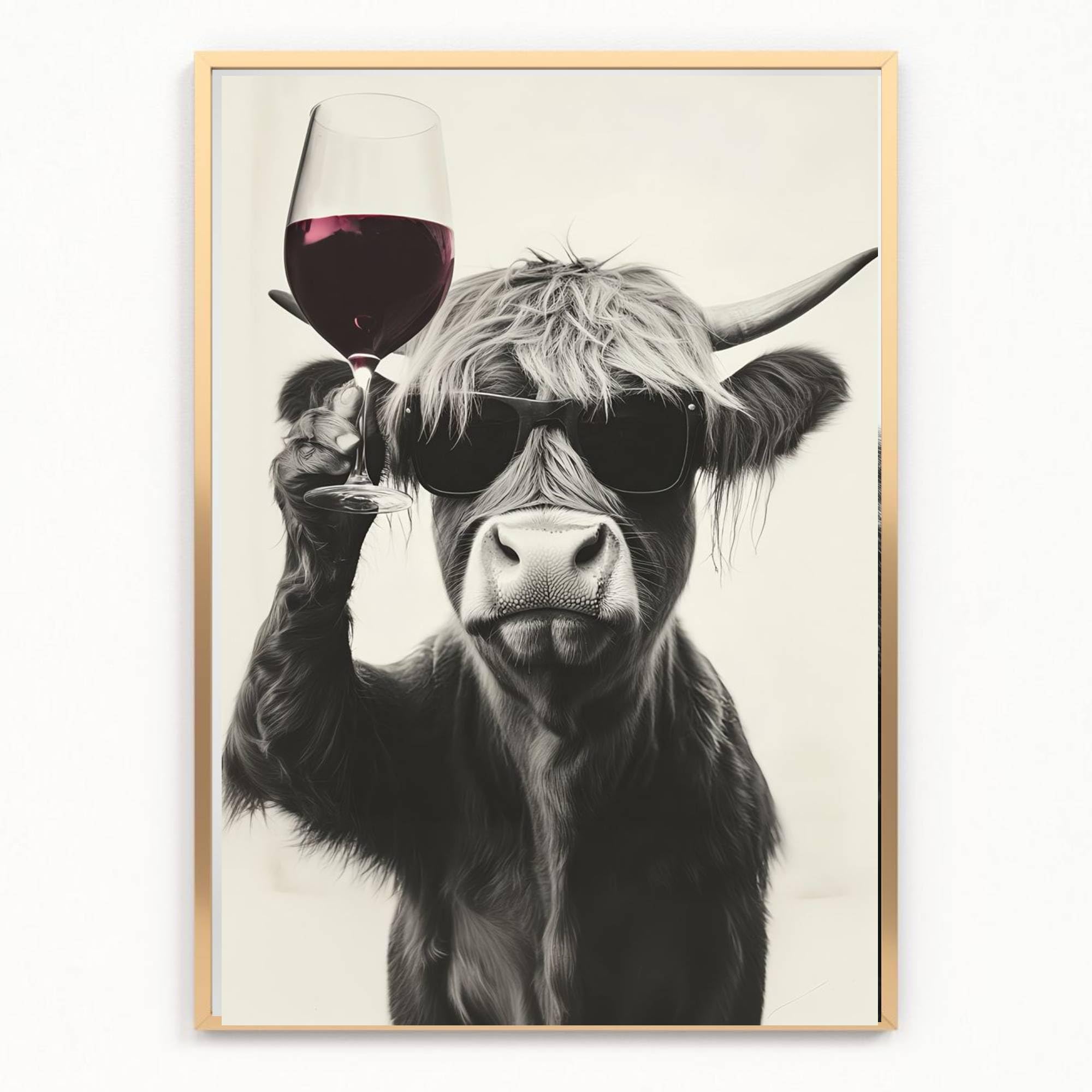 Gfc Black White Funny Highland Cow Drinking Wine Print Picture Poster A4 Unframed Kitchen Wall Art Home Decor Decorating Gift