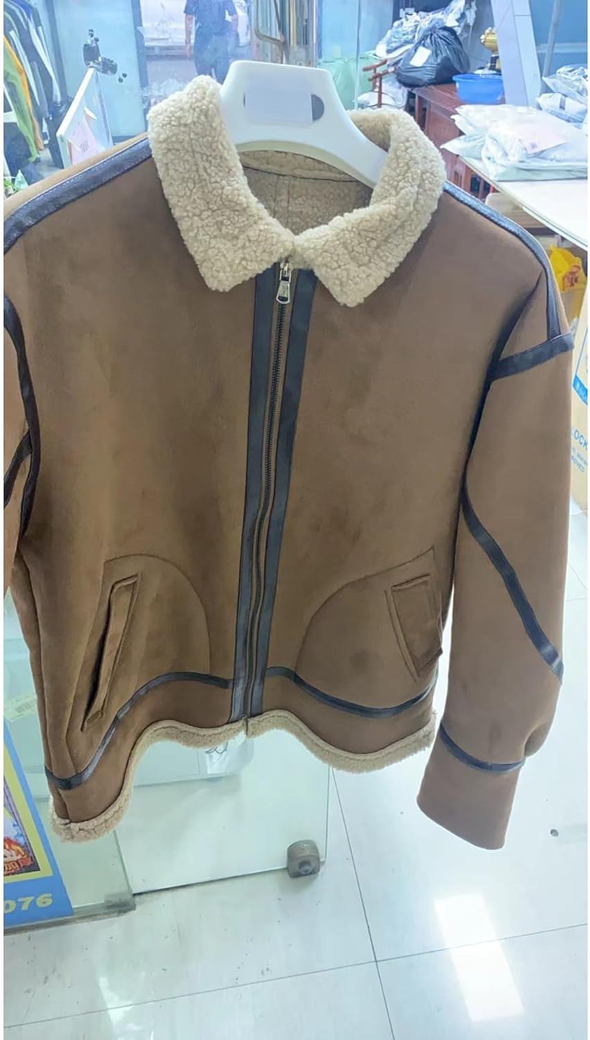 JEShifangjiusu Men's Faux Shearling Rancher Aviator Jacket Winter Fleece Lined Leather Coat Warm Vintage Bomber Jacket